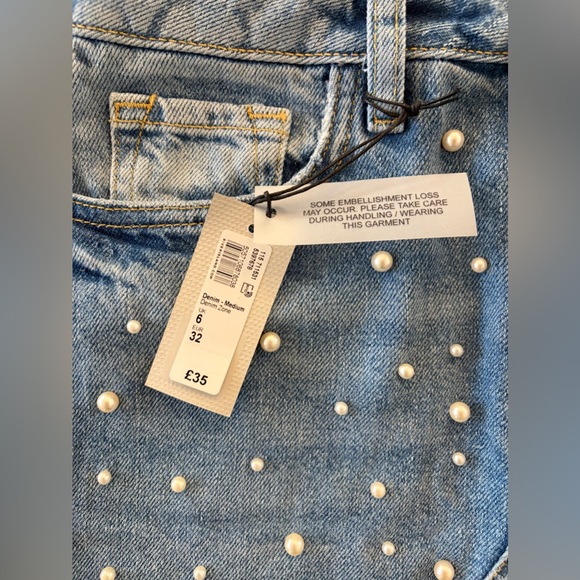 River Island Blue Denim Mini Skirt with Pearl Embellishments, Size 6 NWT - Picture 5 of 14